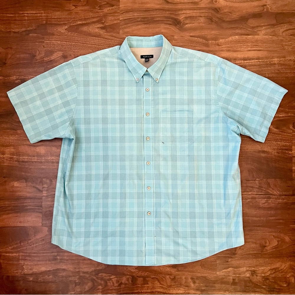 Van Heusen Button Up Shirt Short Sleeve Light Blue Plaid Size XXL 18-18 1/2